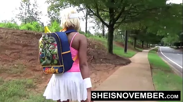 Tampilkan American Ebony Walking After Blowjob In Public, Sheisnovember Lost a Bet Then Sucked A Dick With Her Giant Titties and Nipples out, Then Walked Flashing Her Panties With Upskirt Exposure And Cute Ebony Thighs by Msnovember Klip saya